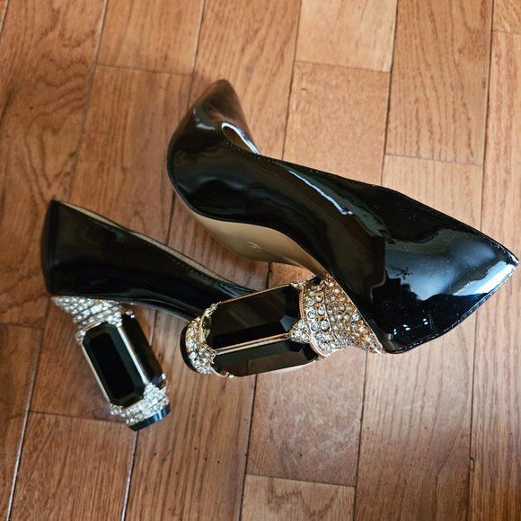 FSJ Black Bridal Pointed Toe Chunky High Heel Wedding Shoes - Picture 4 of 11